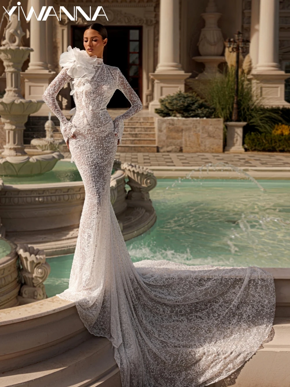 

New Arrival Sparkling Beaded Lace Wedding Dress Elegant High Collar Mermaid Long Bridal Gown Customized Dresses For Bride