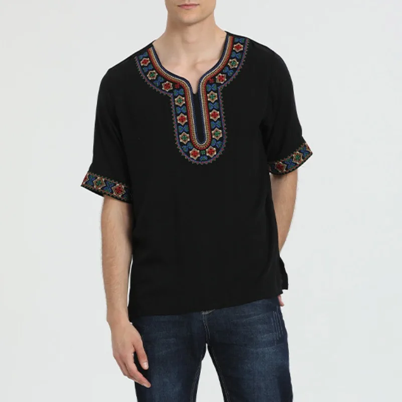 Men's Heavy-duty Embroidered Round Neck Top Summer Short Sleeved Top Men's Shirt Loose T-shirt