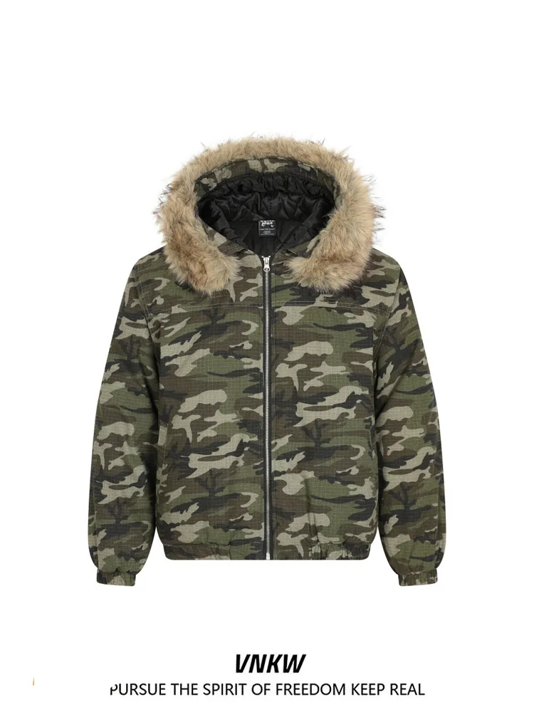 

Американская ретро-куртка с камуфляжным принтом и отстегивающимся меховым воротником, утепленная хлопковая куртка для мужчин и молодежи, повседневная уличная куртка в стиле орла