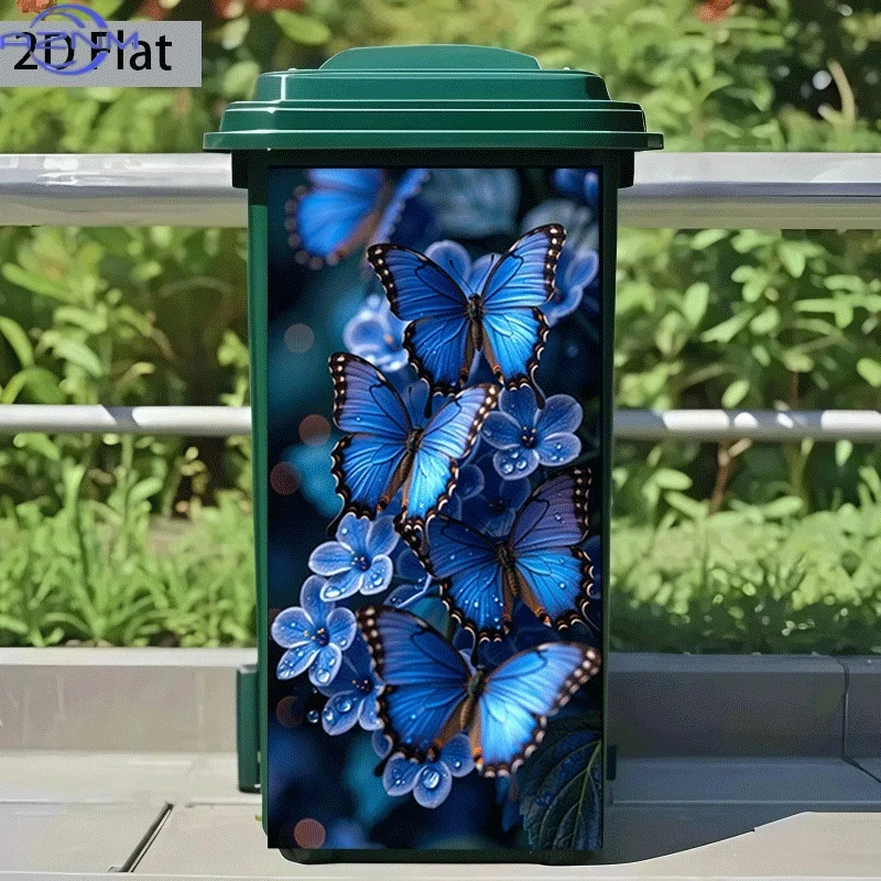 [2D Flat Printing]1pc Trash Can Sticker[Title Translated, Do Not Change] Blue Butterfly Rain Blue Flower Theme Design Wall Sti