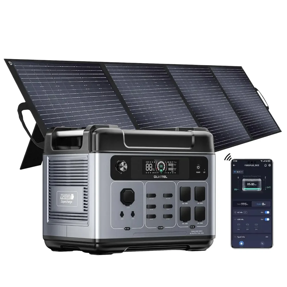 OUKITEL P2001 Plus 2400W Solar Generator with 200W Solar Panel, 2048Wh Solar Power Station with 4 AC Outlets(5000W, Customized