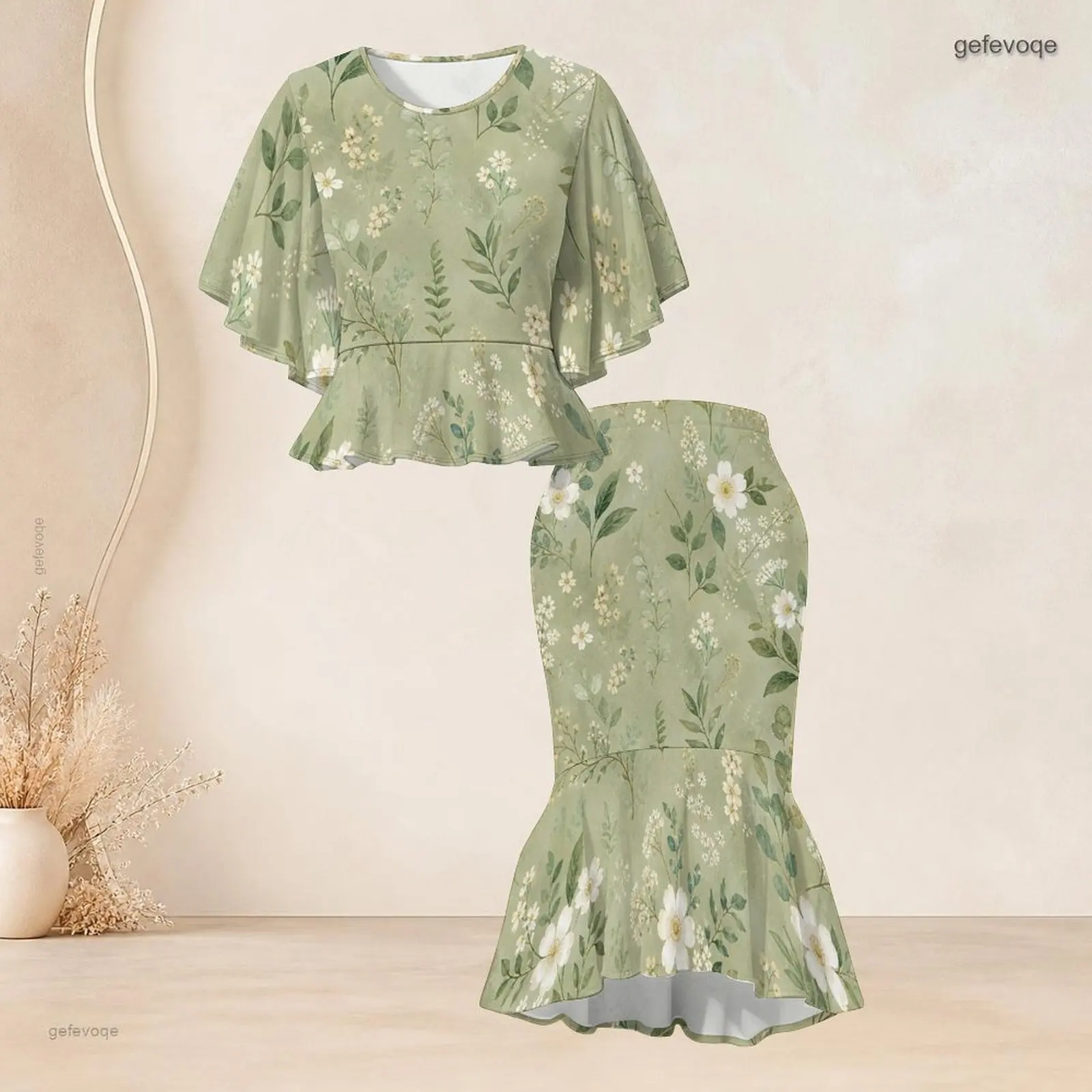 Women Printed Skirt Set Batwing Sleeve Ruffle Hem Top Fishtail Skirt Two Piece