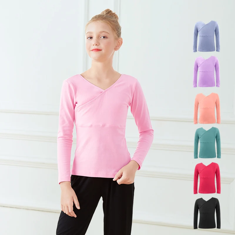 Girls Ballet Tops Dance T-shirt Dance Base Clothes Long Sleeves Teen Front Cross Neckline Cotton Tops