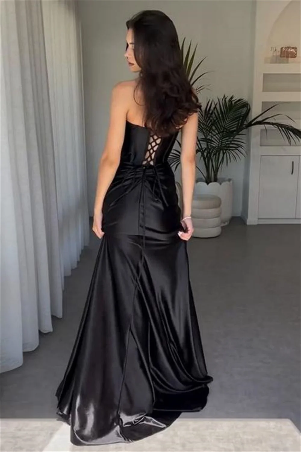 Satin Cowl Neck Ruched Mermaid Prom Dresses With Split Sleeveless Backless Pleated Corset Evening Gowns Long Formal Party Gowns