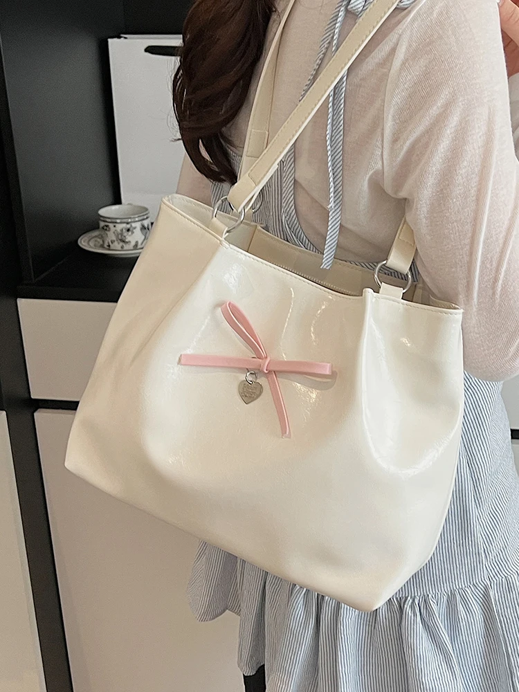

Sweet Bow One Shoulder Bag For Women Korean Style Large Capacity PU Versatile Tote Bags Female Casual Commuting Handbags