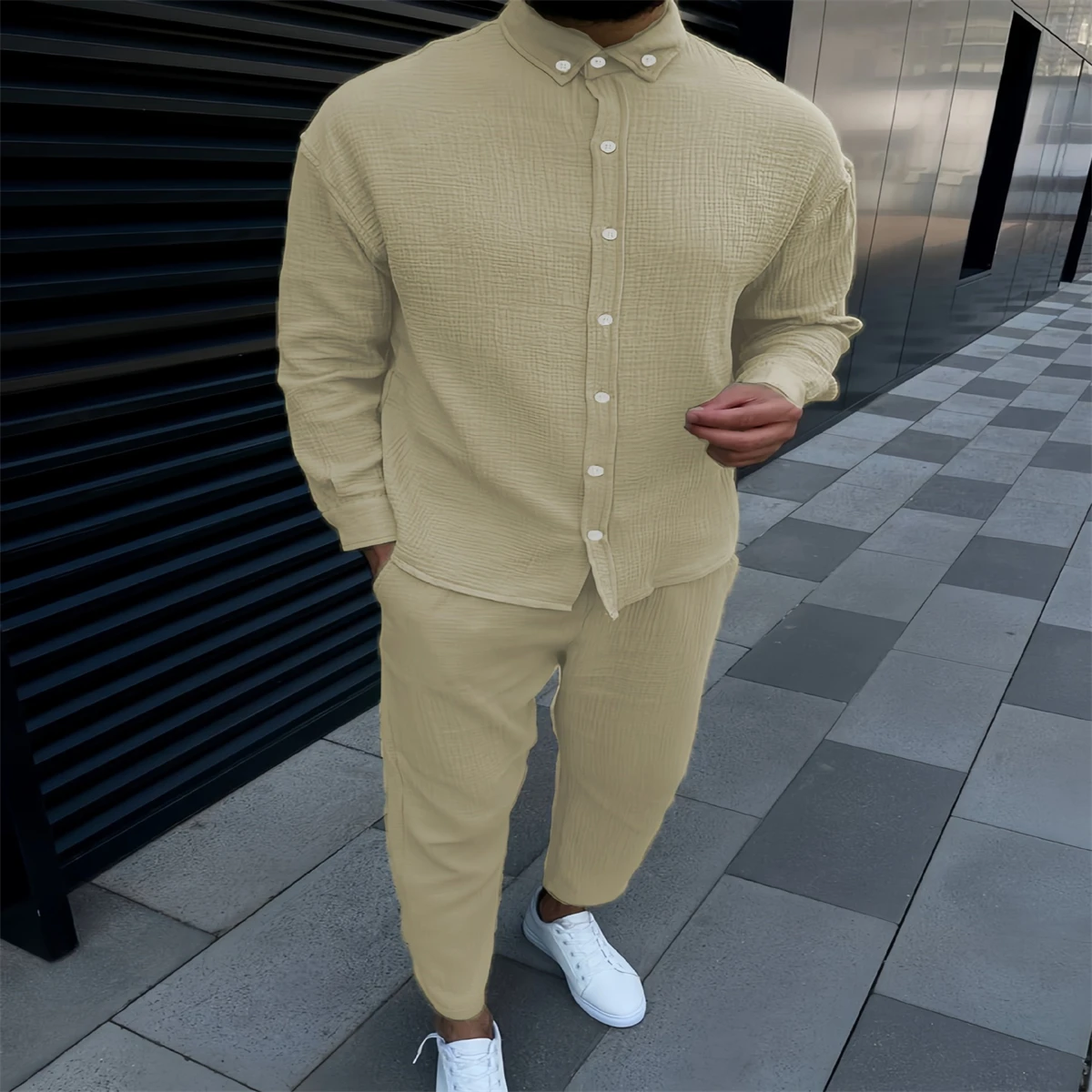 Spring And Autumn Men Wrinkling Solid Color Casual Fashion Cargo Long Sleeve Pants Suit Comfortable Slim Lapel Button Men's Wear