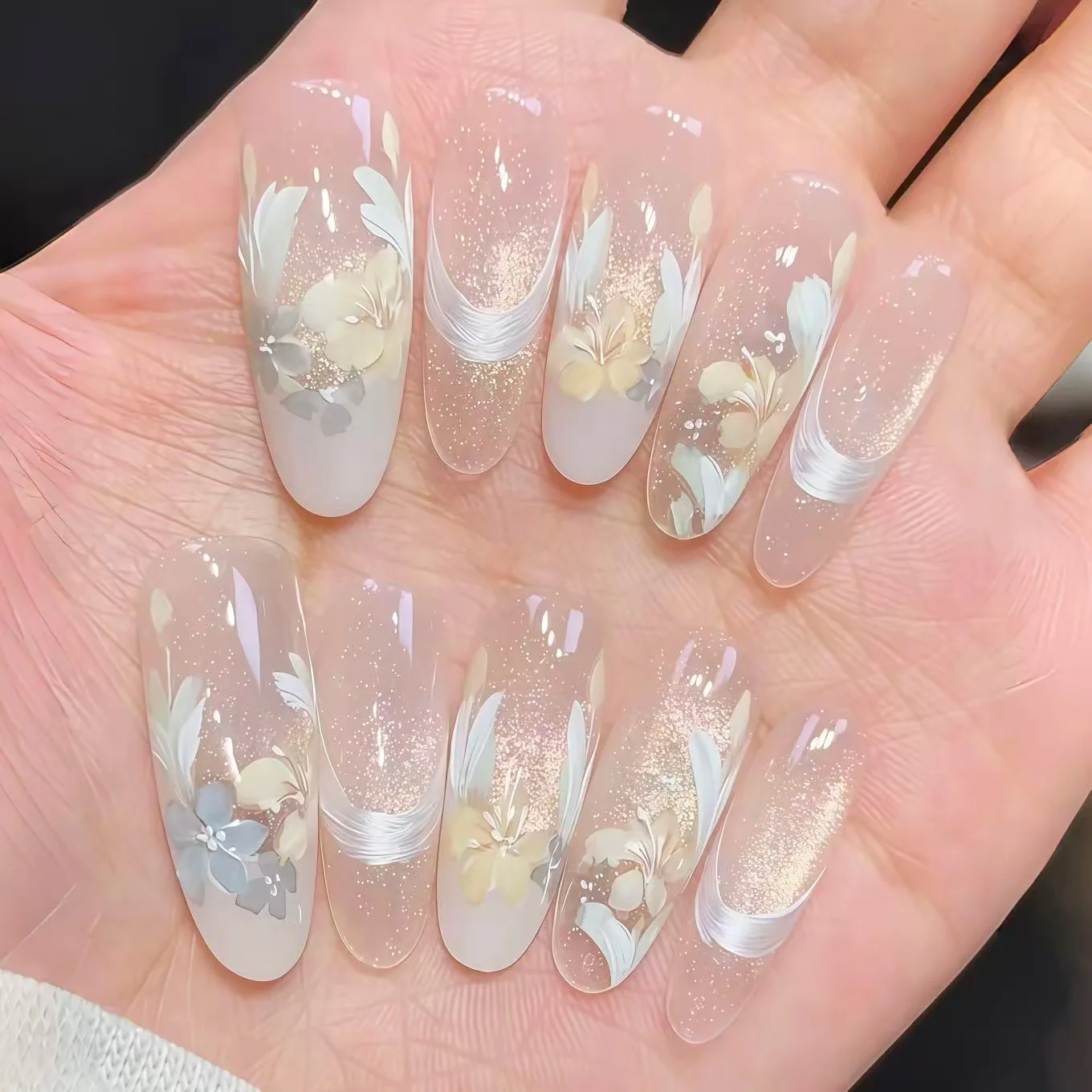 24Pcs Long French Almond Press on Fake Nail Tips Cat's Eye Reusable Finger Nails Full Cover Watercolor Flower Design False Nails