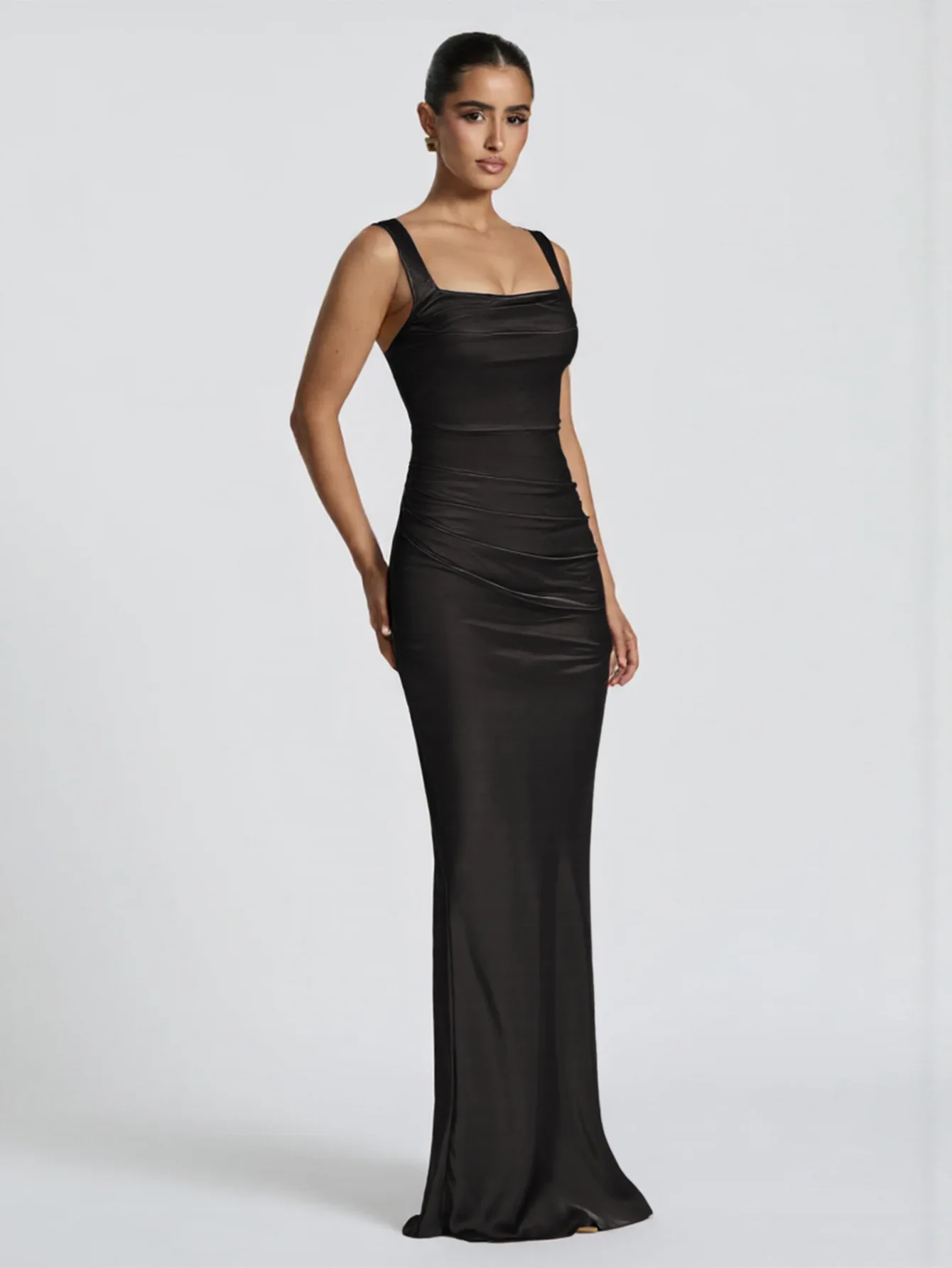 Damen Satin Abendkleid mit quadratischem Ausschnitt, ärmellos, Meerjungfrauen-Schnitt, gerafft, figurbetont, langes formelles Ballkleid, elegantes, schickes, sexy Maxikleid – Detail 8