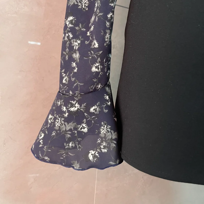 جديد ريترو الدانتيل الخامس الرقبة الفطريات الحواف قميص الأزهار المألوف تنوعا عارضة طويلة الأكمام أعلى