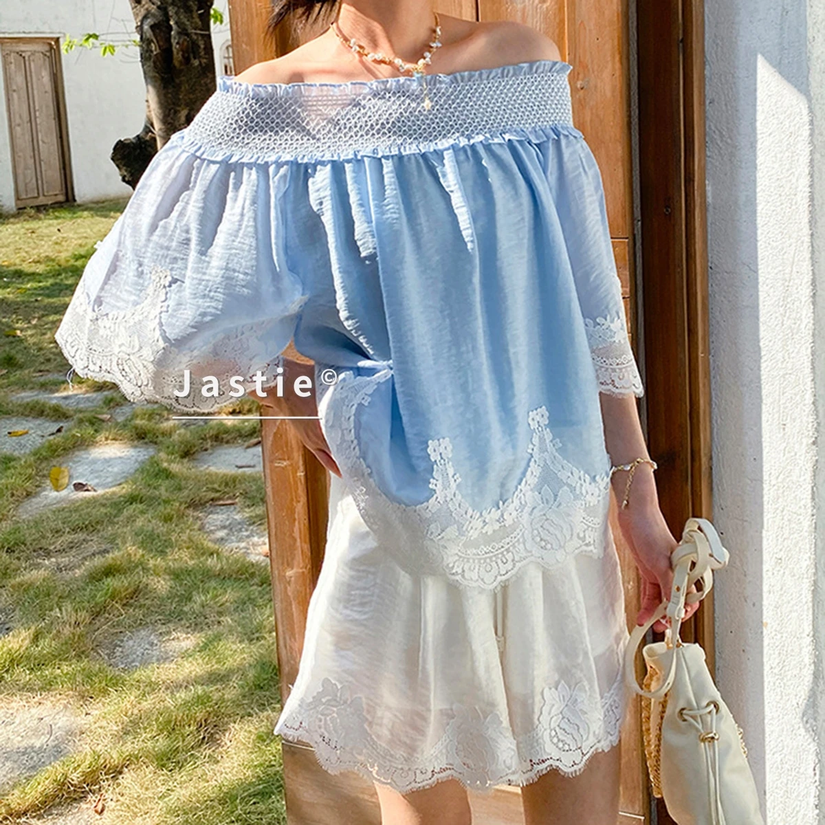 

Sweet Blue Lace Patchwork Blouse Women Summer Sexy Off Shoulder Shirts Chic Slash Neck Half Sleeve Elegant Vacation Tops New