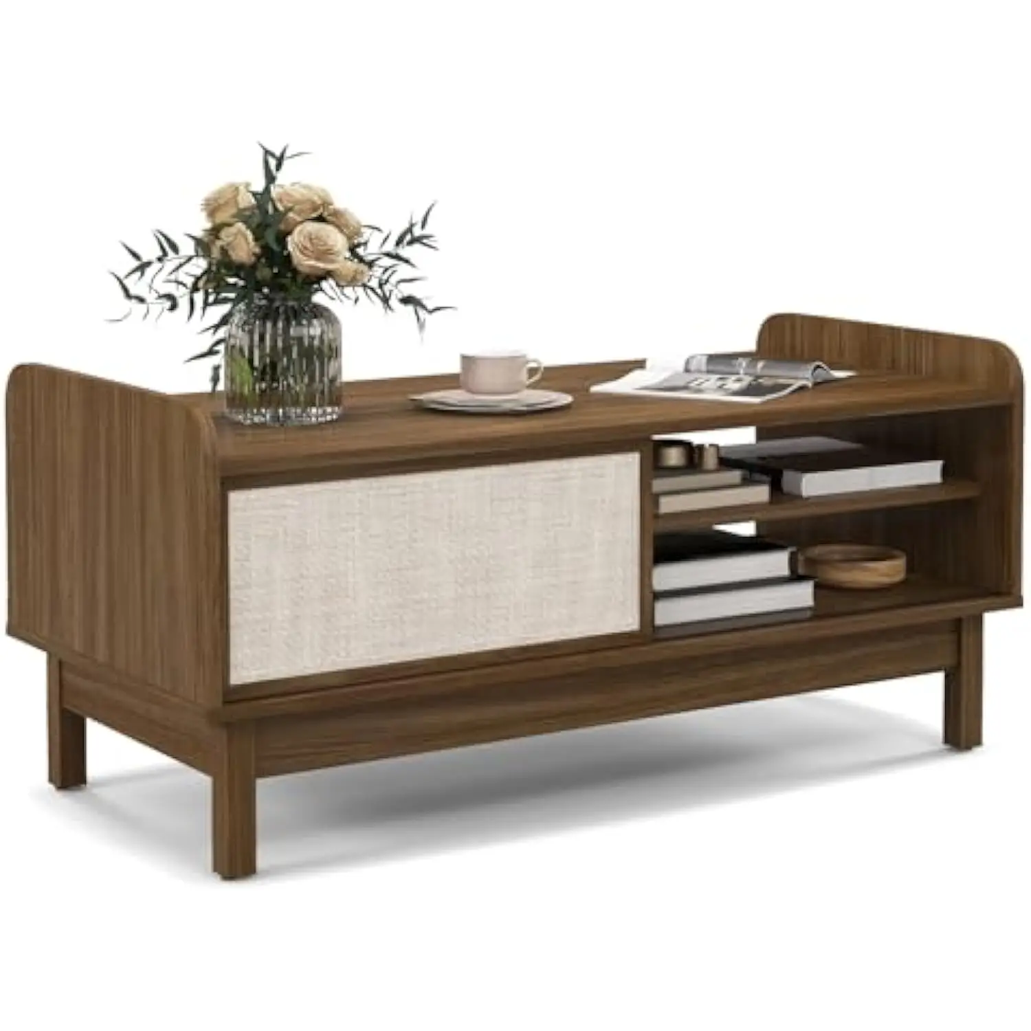 

Coffee Table with Sliding Doors, Mid-Century Modern Coffee Table with PVC Rattan Doors, Adjustable & Removable Shelf, Rectangl
