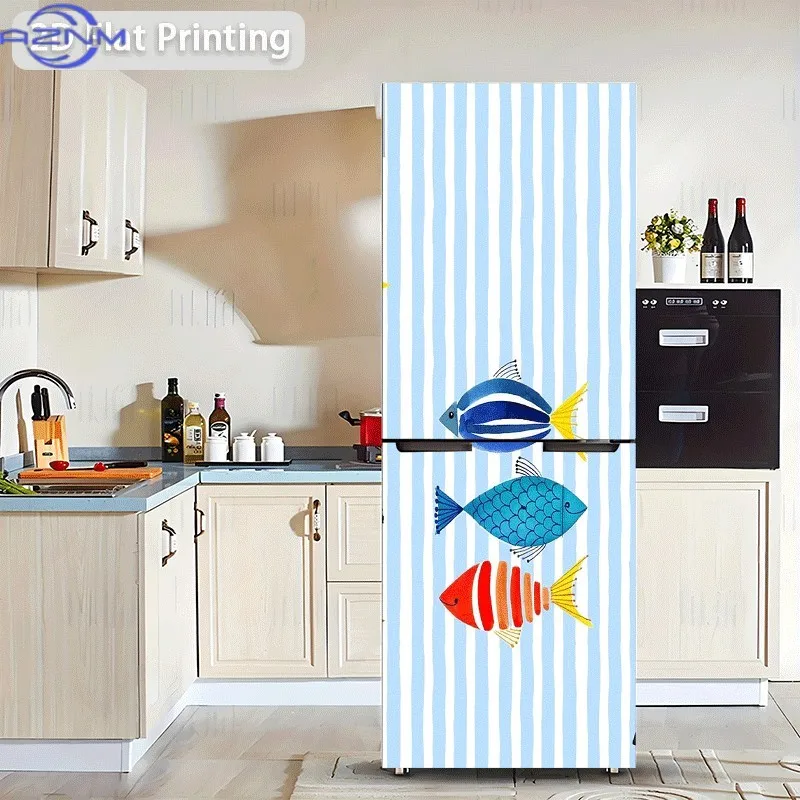 1pc 2D Printed Refrigerator Sticker, Ocean Fish Stripe Wall Decal, Self-Adhesive Wallpaper, Suitable for Cabinets and Wardrobe