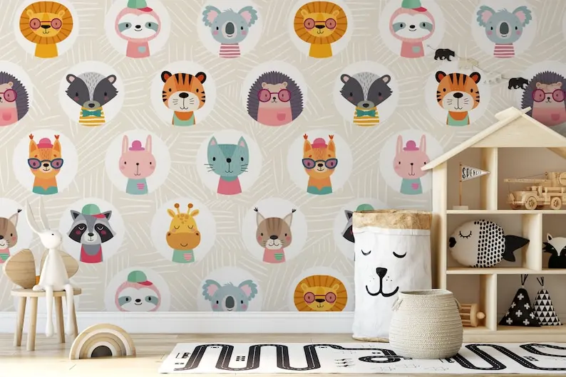 

Cute Animal Portrait Wallpaper for Kids | Colorful Forest Animals Face Wall Mural