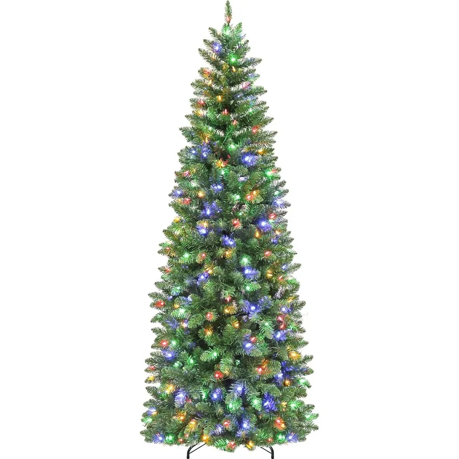 

6ft Prelit Pencil Slim Christmas Tree with 200 Color Changing LED Lights 544 Branch Tips Metal Stand and Hinged Branches 10 Col