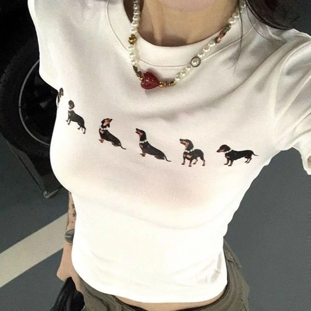 Korean Style Cartoon Dog Short Sleeve T-shirt Slim Fit Dachshund Y2K Crop Top Chic Sweet Tees Shirts Women Girls