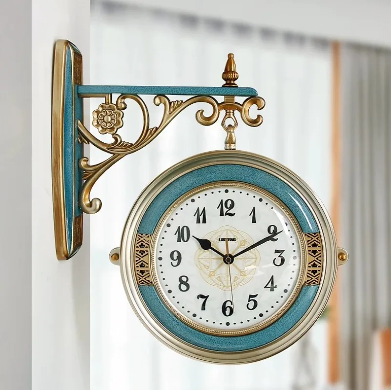 Metal Mechanism Wall Clocks Double Sided Antique Retro Quartz Wall Watch Clock Blue Flip Relogio De Parede Home Decor Items