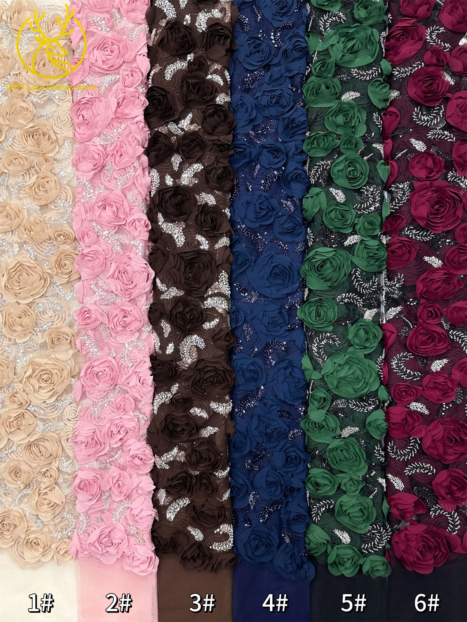 3D-Rosen-High-End Nigerianischer Tüll-Spitzenstoff 2026 – Hochwertiger afrikanischer Pailletten- und Perlen-Spitzenstoff für Brautkleider und Hochzeitskleider zum Nähen – Detail 3
