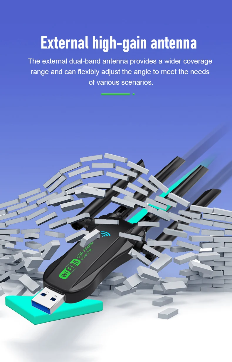PC 노트북용 와이파이 USB 어댑터, 네트워크 카드, 듀얼 밴드, 와이파이 동글, 802.11AC 4 안테나, 무선 리시버, 1300Mbps, 2.4G, 5Ghz