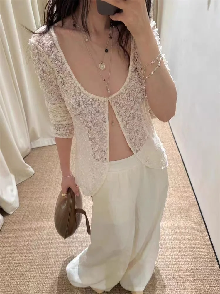 

Elegant Cotton Knitted Lace Heavy Embroidery Beaded Dot Texture See-through Open Cardigan Set Women's Soft Long Sleeve V-neck