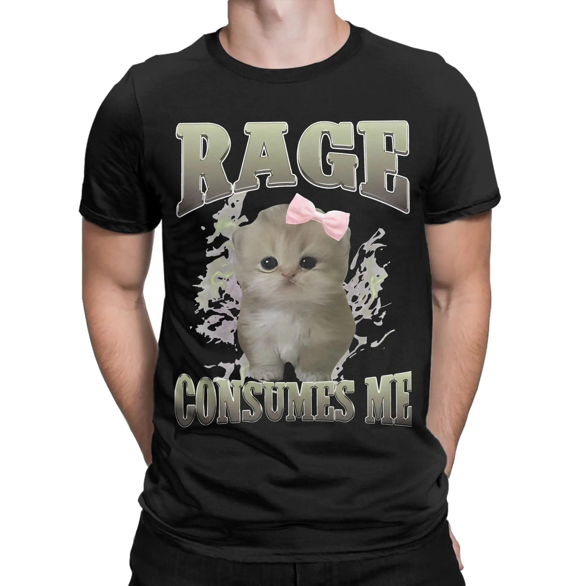 Printed Rage Consumes Me Cat Meme T-Shirt Men Crewneck Short Sleeve Top Tee  Cotton Summer Tops Shirts