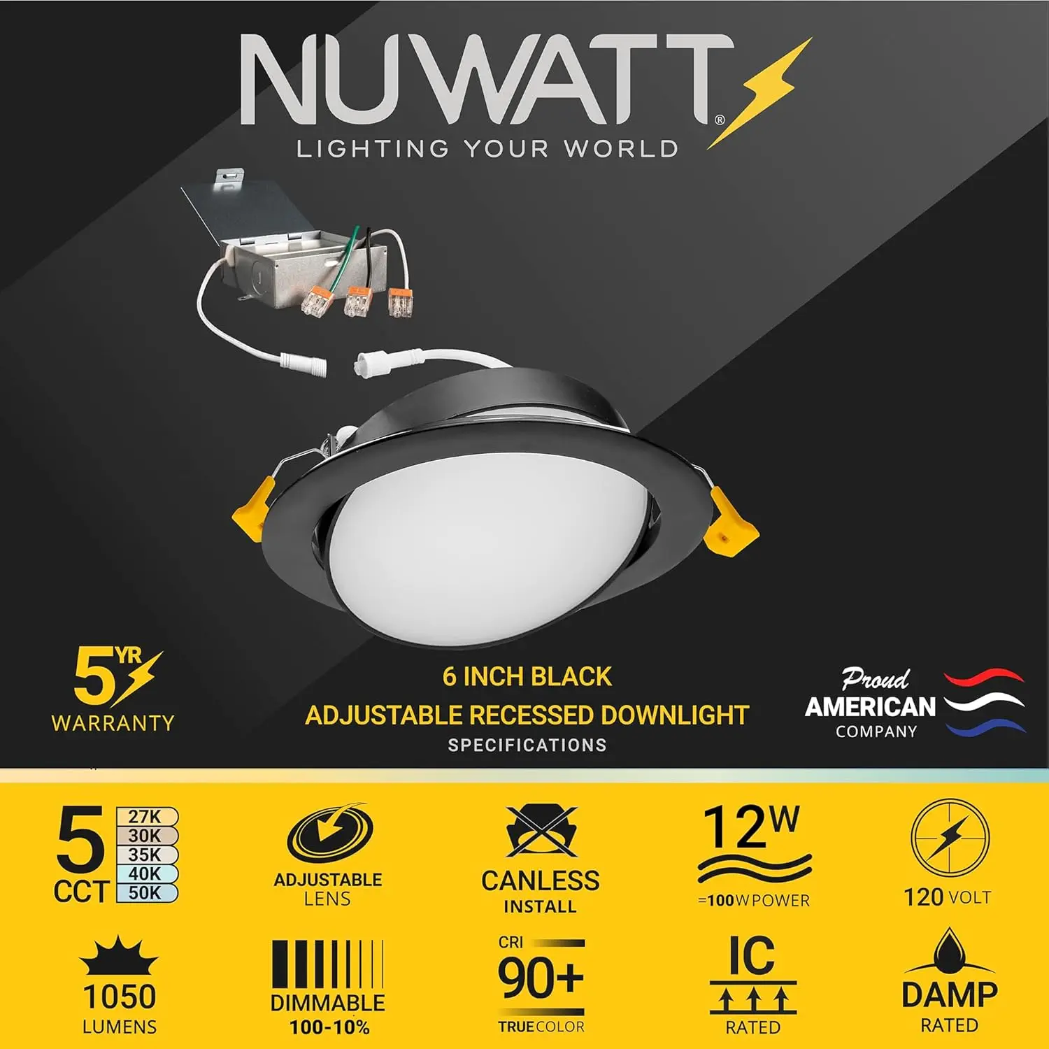 12 Pack, 6 inch Black Gimbal LED Recessed Lighting Canless Wafer Lights, 5CCT 2700K/3000K/3500K/4000K/5000