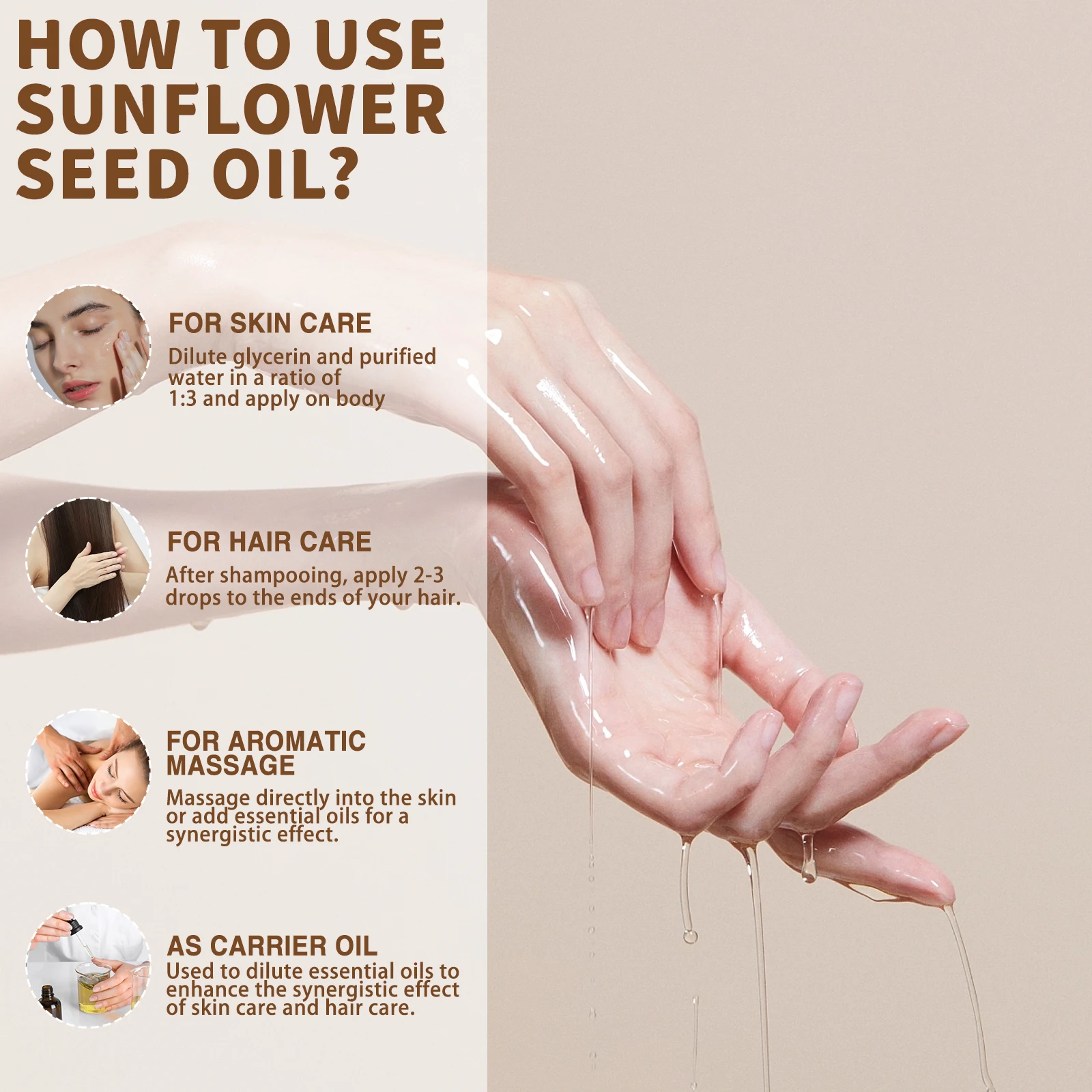 USDA زيت جوز الهند العضوي للبشرة وشعر الوجه واللوز الحلو المضغوط على البارد زيت بذور عباد الشمس الأرغان المغربي لترطيب التدليك