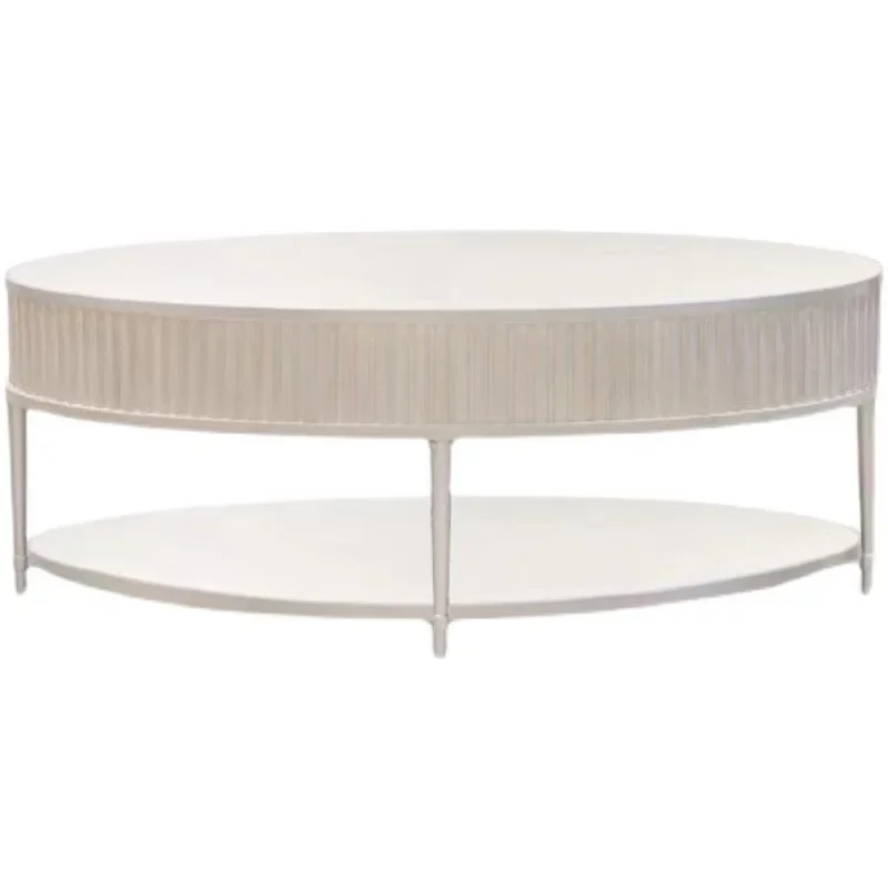 

American light luxury white old curved solid wood TV cabinet coffee table French retro metal carved living room