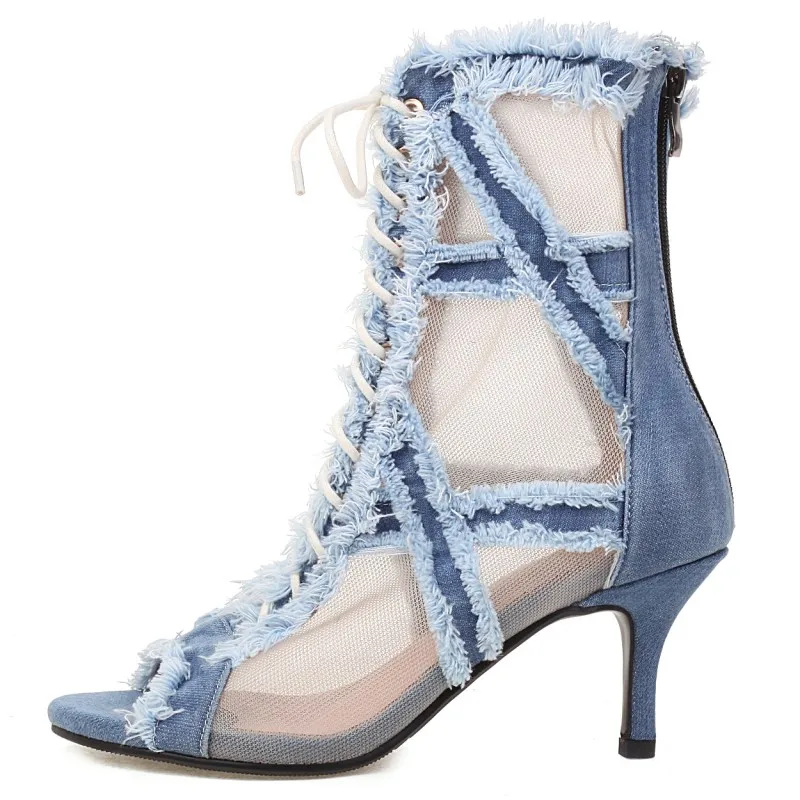 

Peep Toe Summer Sandals Women Sexy Blue Jeans Party Dance Shoes Pumps Lace-Up High Heels Mesh Ankle Boots Large Size 44