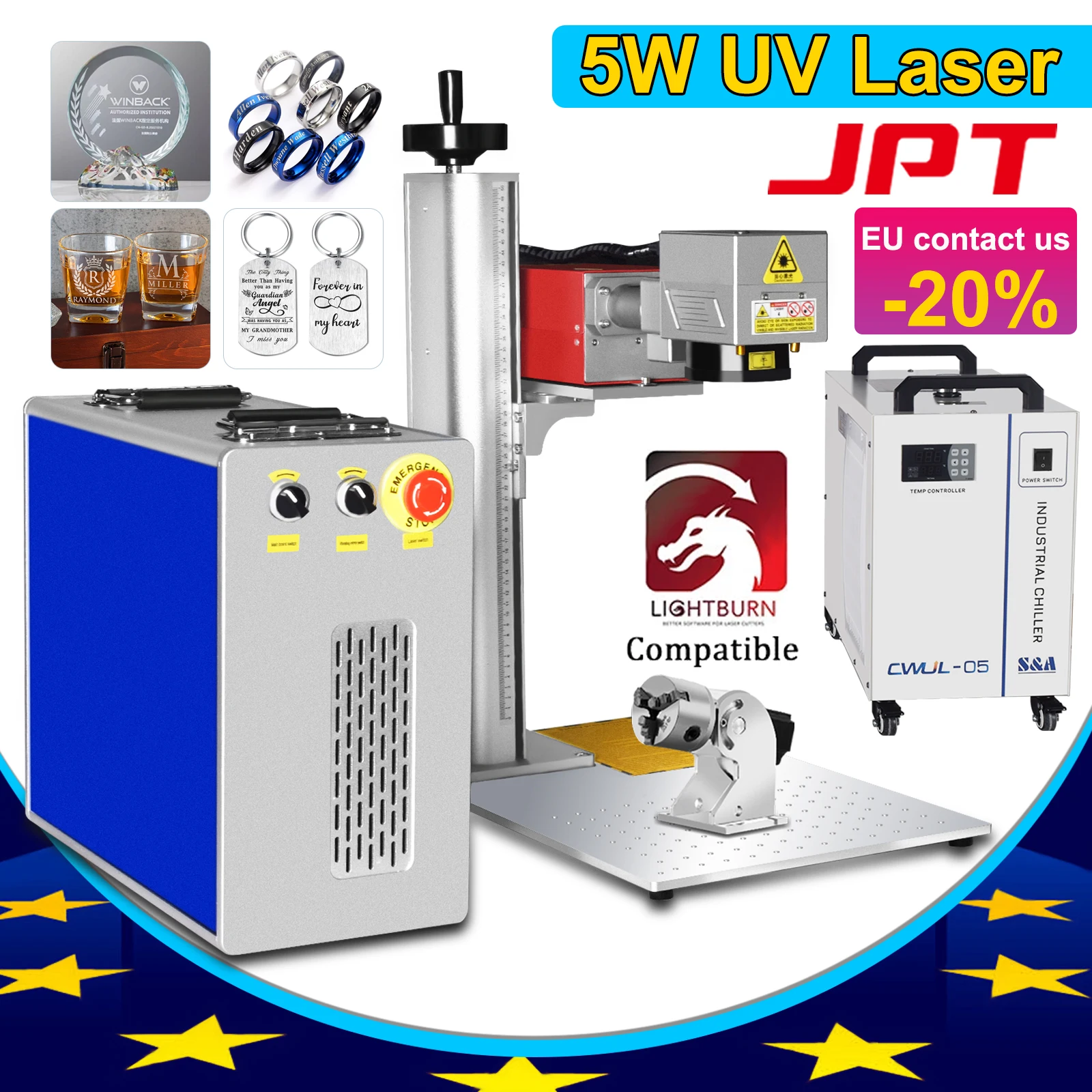 JPT UV Laser Marking Machine 355nm 5W UV Laser Engraver JPT UV Laser For Glass/Wood/Acrylic/Leather Water Cooled