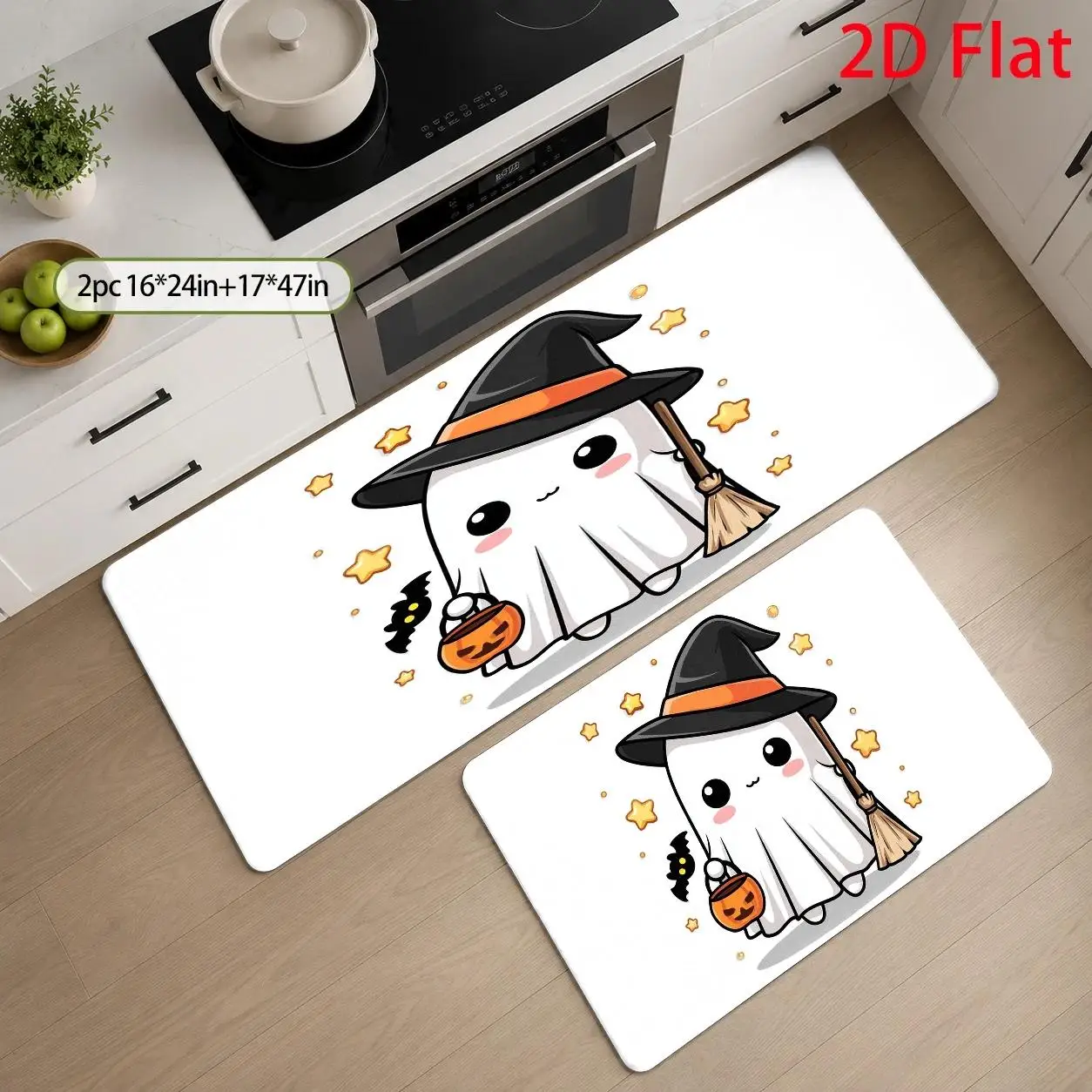 1pc, 2pcs, 3pcs, 2D Flat Kitchen Floor Mat Set, Cute Witch Halloween Theme Floor Mat, Adorable Cartoon Design Style, Festive Holiday Decoration, Easy-to-Clean Decorative Kitchen Mat, Suitable for Kitchen, Bathroom, 2D Flat