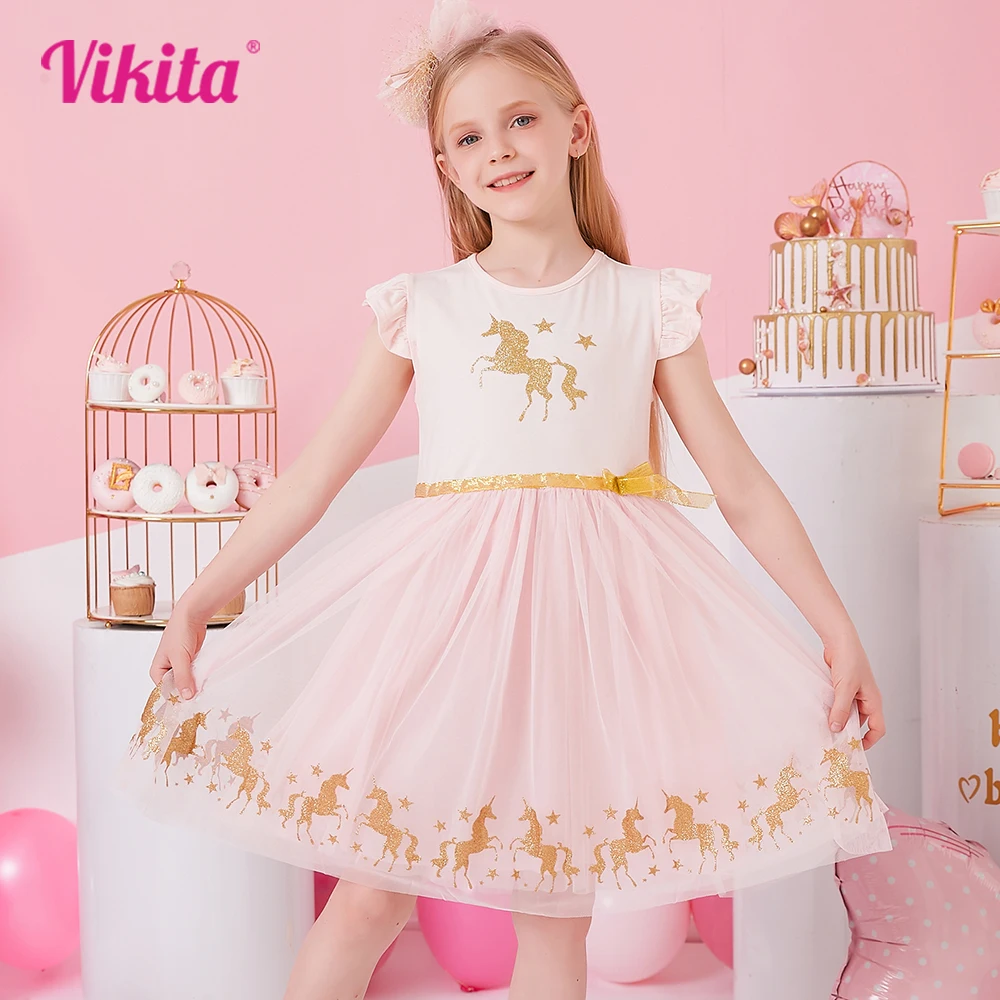 VIKITA Kids Summer Flare Sleeve Dress Girls Licorne Cartoon Print Pink Dresses Girls Birthday Party Princess Mesh Tulle Vestidos