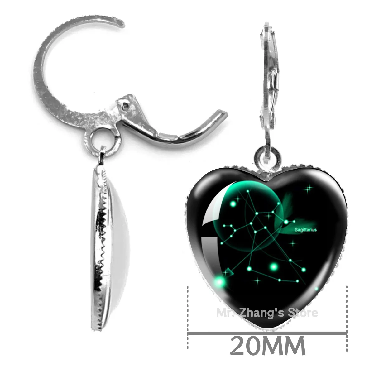 12 Constellation Pendant 20MM Heart Glass Cabochon Earrings Silver Color Crescent Earrings Jewelry Birthday Gift