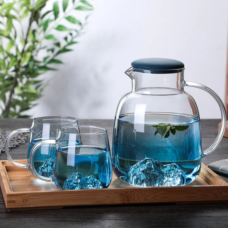 1800ml Glass Cold Water bottle With Handle Fruit Tea Cup Kettle Mountain Design High temperature heatable Jug Gradient Color