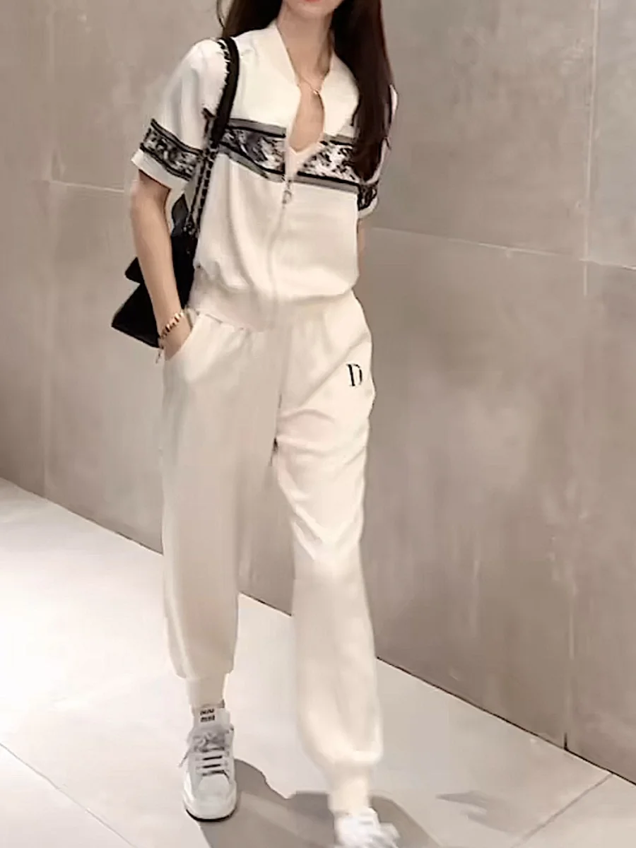 Franse Dames Casual 2-delige sets Cool Ice Zijde Comfortabele zomer Rits Jas met korte mouwen Jas en joggingbroek Losse sport