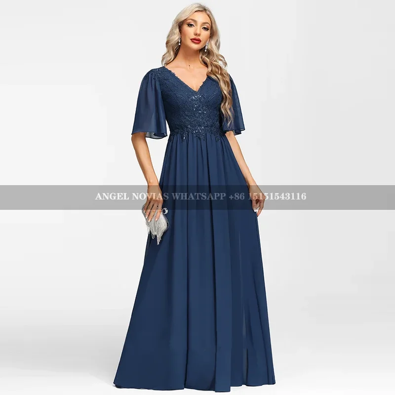 Long Navy Blue Mother of Bride Dresses for Woman with Sleeves Wedding Party Gown with Belt vestidos para madre de novia 2024