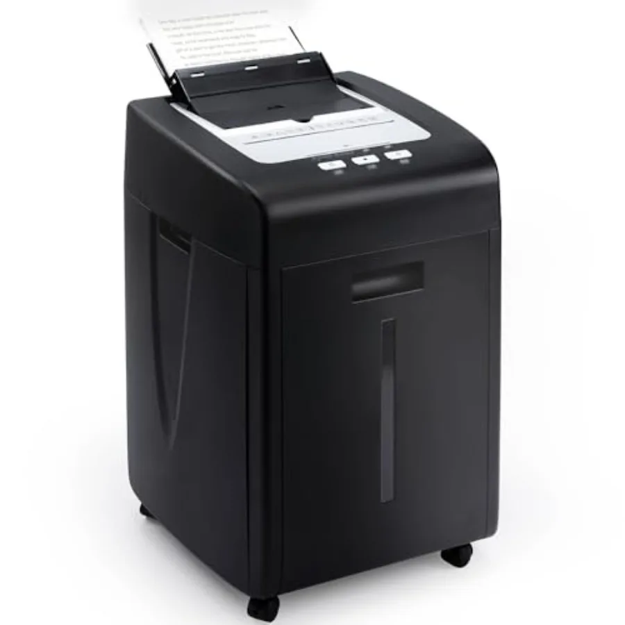 

Commercial autofeed paper shredder for home office school business: black P-5 micro cut, shreds 200 sheets/CDs/cards/staples, 6