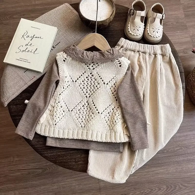 Bellbell Herbst-Strickpullover-Set für Mädchen, 3-teilig, 2-8 Jahre, Unterhemd + Strickweste + Hose, Outfit für Kleinkinder und Babys – Detail 3