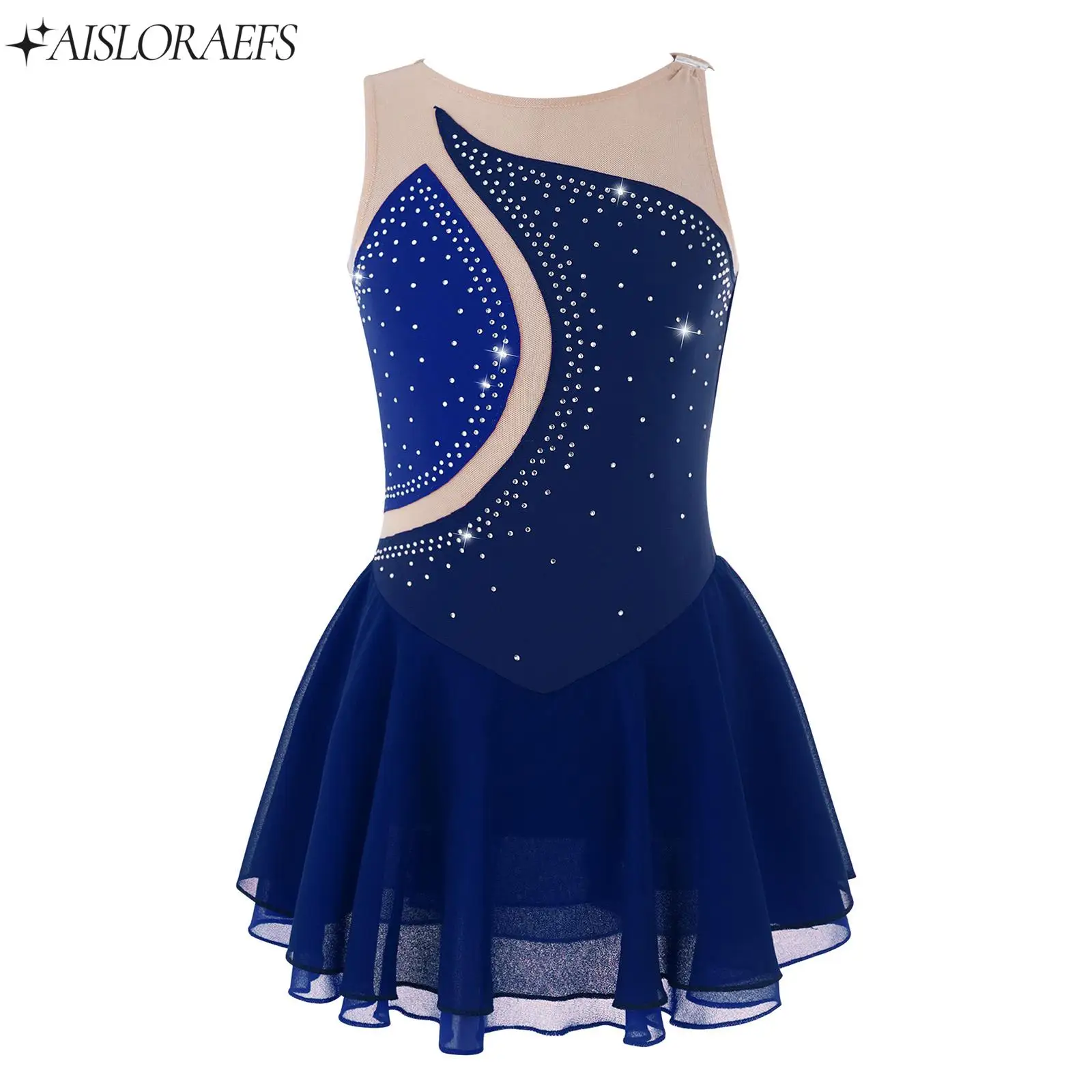 

Kids Girls Figure Skating Unitard Dress Shiny Rhinestones Tulle Ballet Gymnastics Leotard Lyrical Contemporary Dance Costumes