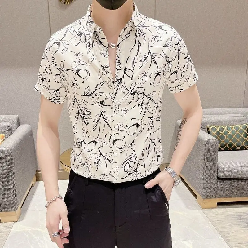 Smart Casual Simplicity Summer Men\'s Square Collar Printing Single Breasted Trend Versatile Short Sleeve Slim Shirts Tops