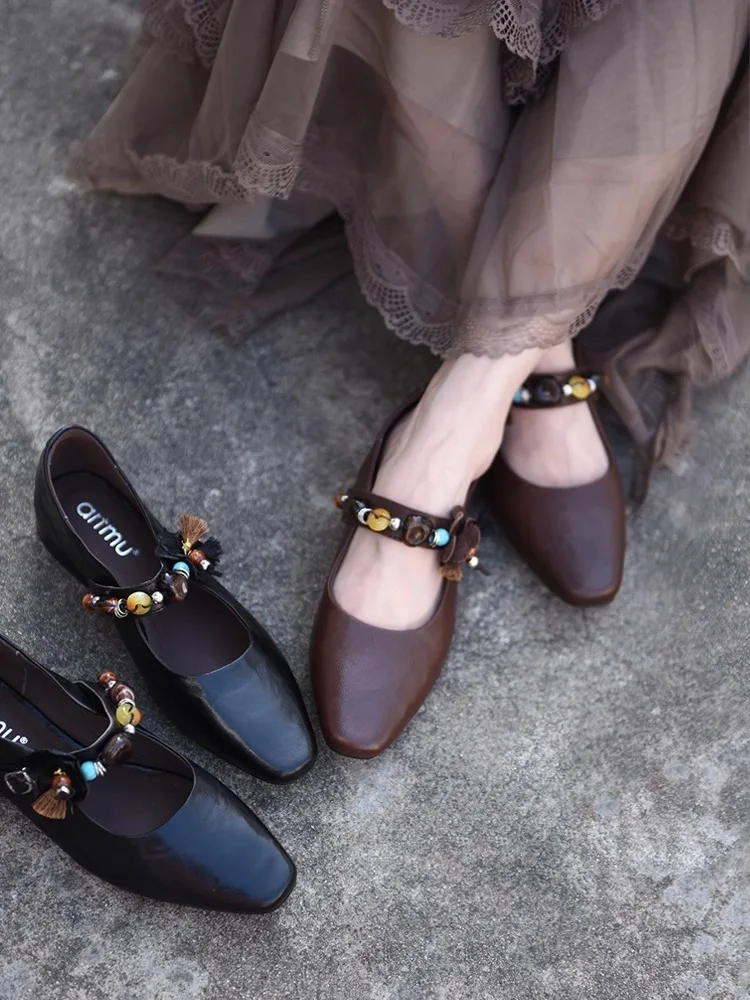 Artmu Fashion String Bead Women Pumps Shoes For Women 2.5 cm High Heels Genuine Leather Female Luxury Buckle Mary Jane Shoes