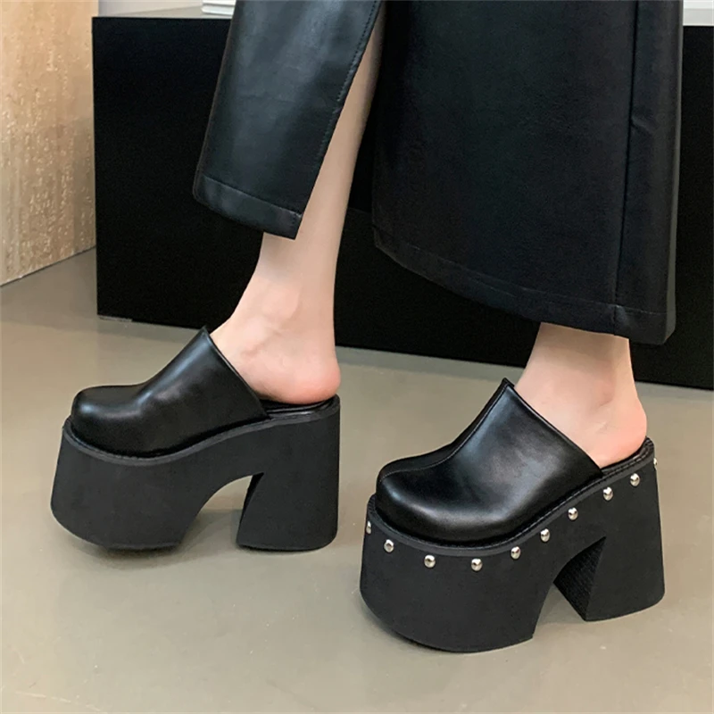 Eilyken  Fashion Design Rivets Solid Platform Slippers Women Thick Bottom High Heels Shoes Summer Party Dress Zapatos Mujer