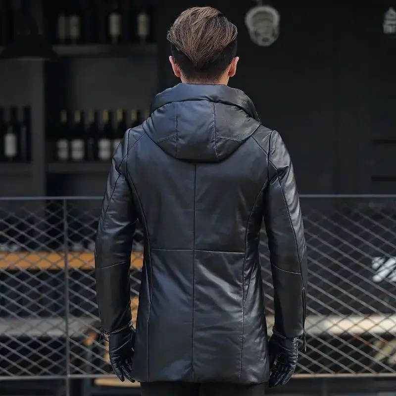 Winter Genuine Leather Hooded Down Jacket Men High Quality Thicken Puffer Jacket Men Luxury Duck Puffer Coat Sheepskin Coat Male