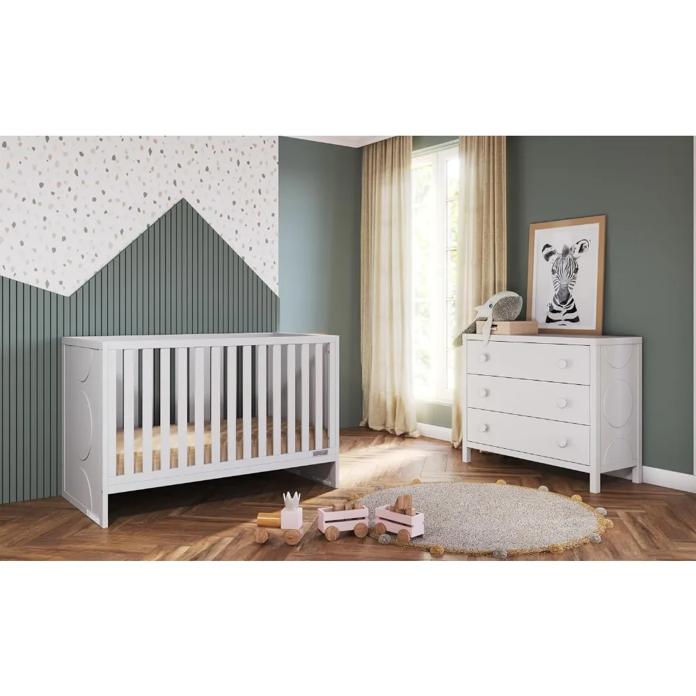 Dresser Nursery Set, 2-Piece, Includes 3-in-1 Convertible Crib and Horizontal Dresser, Grows with Your Baby (Matte White)