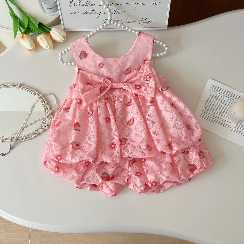 Clothing Summer New Fruit Print Bow Girls Cute Sleeveless Top + Shorts Two-Piece Set Sweet Dress