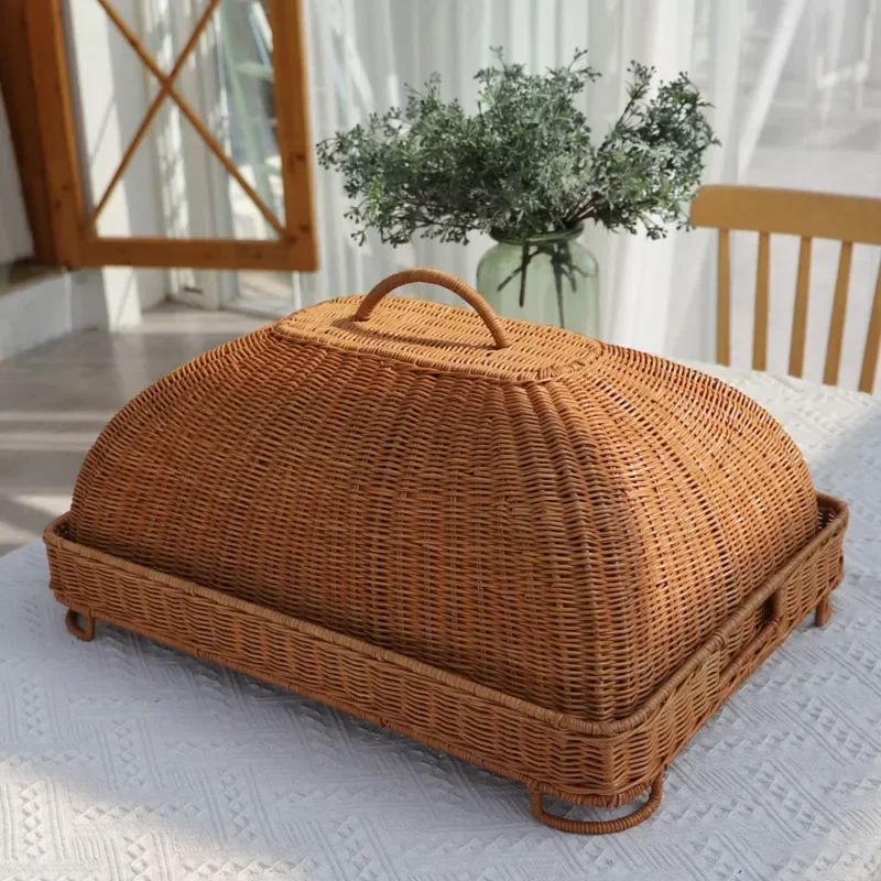 Natural Rattan Food Cover Breathable Insect-Proof Dome Lid, Rectangular Dustproof Dish Cloche, Stylish Kitchen Food Protector