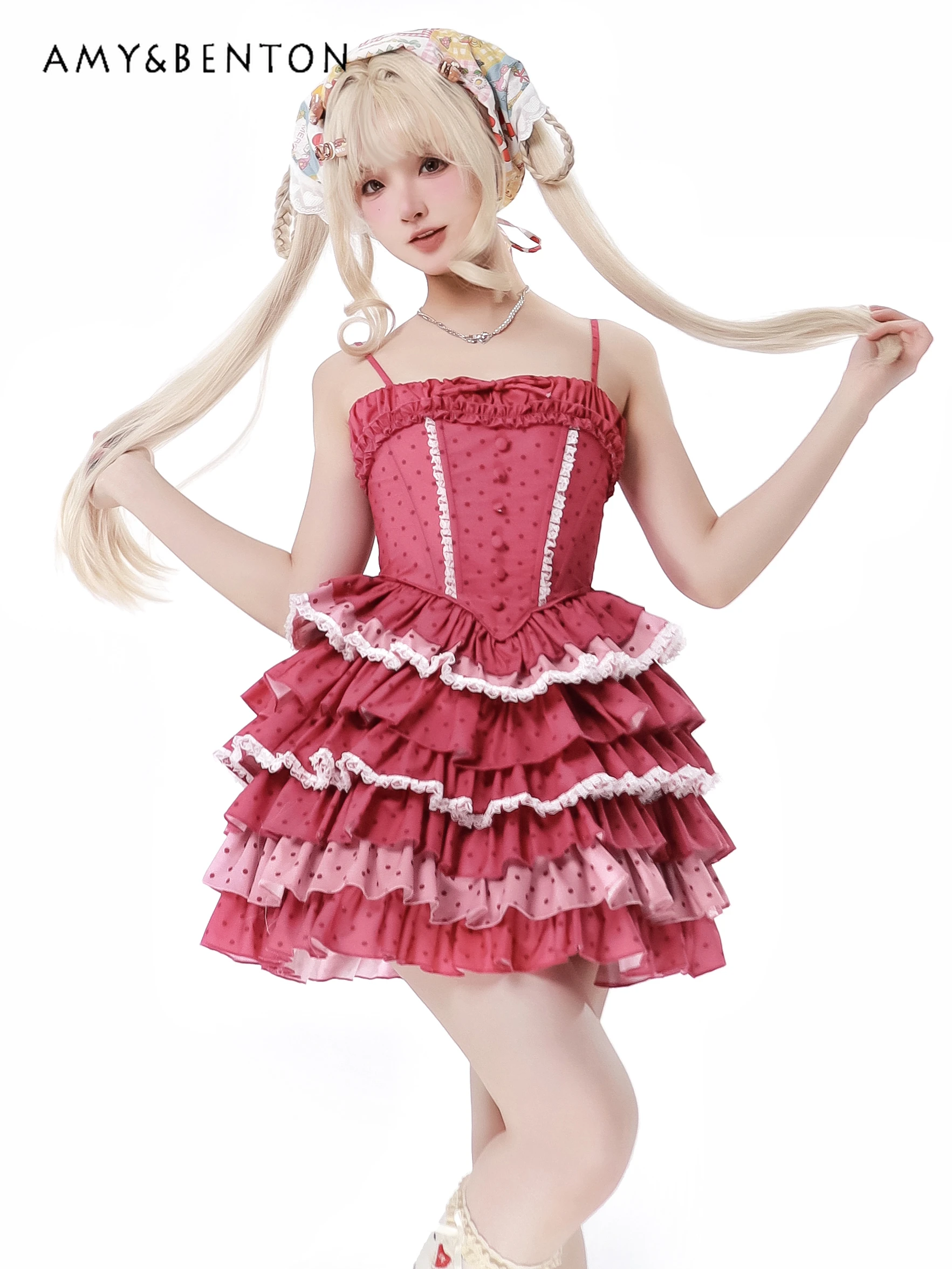 Lolita Sweet Spaghetti-Strap Dress Spring Summer New Kawaii Patchwork Multi-Layer Tiered Dress Elegant Princess Ball Gown Dress