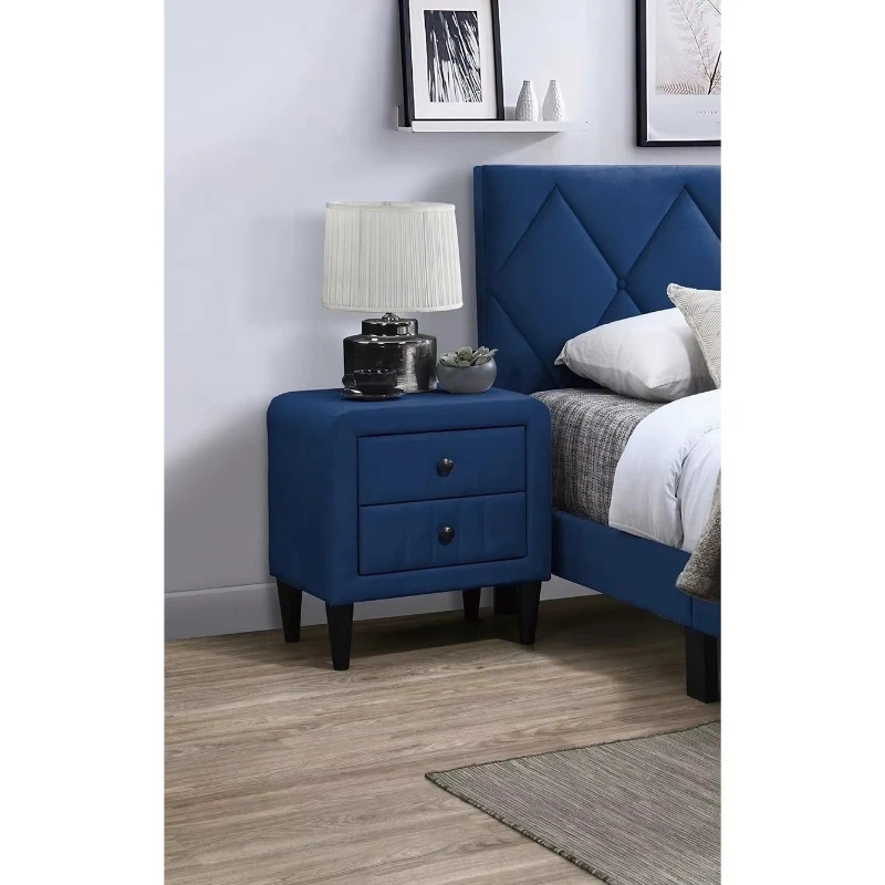 Navy velvet bedside table with stylish design, two drawers and tempered glass legs