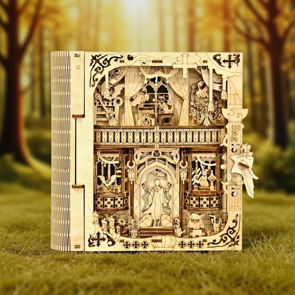 3Dヴィンテージマジック木製パズルブックモデルキット - 木製ホームデコレーション - 楽しいデスクトップ本棚デコレーション - ビルディングパーティーゲーム - 英語