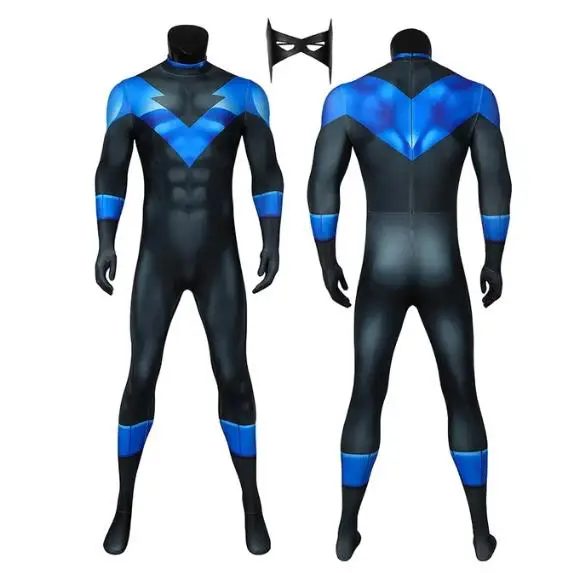 In Stock Haloween Night Cosplay Wing Dick Cosplay Costumes Jumpsuit with Eye Mask Superhero Zentai Suit