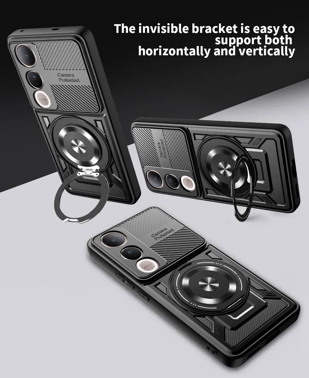 360 تدوير حلقة معدنية حامل حامل المغناطيسي جراب هاتف السيارة ل ViVo Y04 Y29 S Y39 Y50 لايت وعرة درع الغطاء الخلفي للحماية